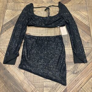 SHEIN Black Sequin Long Sleeve Crop Top & Asymmetric Mini Skirt Set